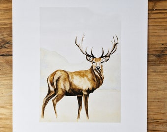Stag in a Meadow Watercolor Print | Woodland Animal Art