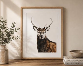Watercolour Stag Print | Rustic Country Cottage Decor | Woodland Deer Wall Art | Nature Inspired Home
