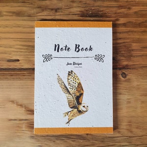May include: A white notebook with a brown and white owl illustration and the text "Note Book" and "Jane Designs Curious Minds". The notebook has a yellow border.