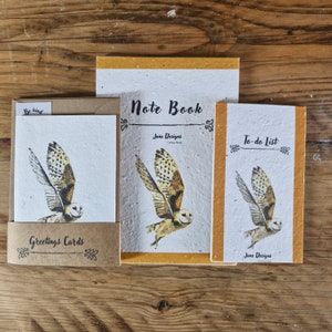 Ensemble cadeau de papeterie en papier graine | Thème hibou | Papier recyclé | Sans plastique | Écriture écologique et biodégradable | Plantable.