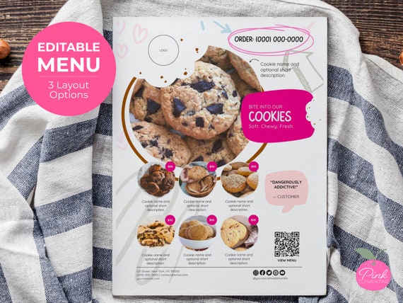 Editable Bakery Photo Menu, Flyer, Ad for Gourmet Cookies | Customizable Canva Template Printable