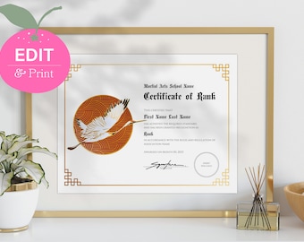 Editable Certificate of Rank Recognition | Martial Arts Award | Crane |  Customizable Canva Template, Printable