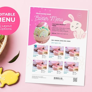 Bearbeitbares Osterbäckerei-Fotomenü für gefüllte Kekse, Brownie, Cupcake, Donut, Macaron, Pie | Druckbare Anpassbare Canva Vorlage
