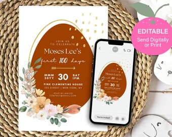 Editable Chinese Red Egg & Ginger Baby Shower Invite | Modern Boho First 100 Days, Full Month, Birthday Party | Printable Canva Template
