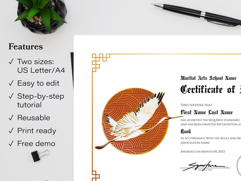 Editable Certificate of Rank Recognition Martial Arts Award Crane ...