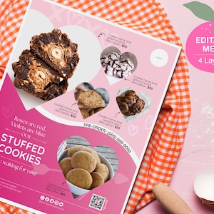 Bearbeitbares Valentinstagsbäckerei-Fotomenü, Anzeige und Flyer für Gourmetkekse | Anpassbare Canva Template Printable