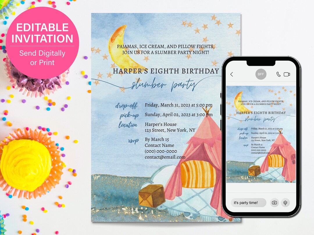 Editable Slumber Party Themed Birthday Invite for Kids Sleepovers ...