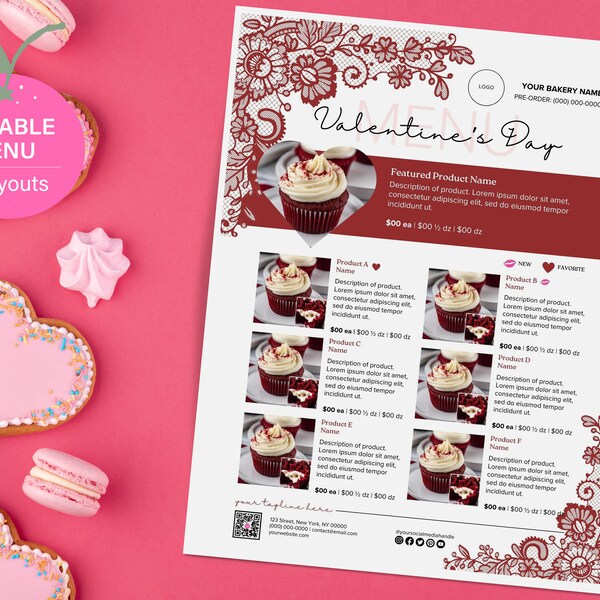 Editable Valentine Bakery Photo Menu & Flyer for Gourmet Cookie, Brownie, Cupcake, Macaron, Pie | Customizable Canva Template, Printable