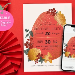 Editable Chinese Red Egg & Ginger Baby Shower Invite | First 100 Days, Full Month, Birthday Party | Printable Canva Template