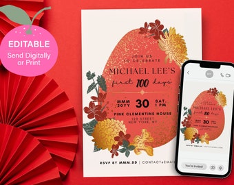 Editable Chinese Red Egg & Ginger Baby Shower Invite | First 100 Days, Full Month, Birthday Party | Printable Canva Template