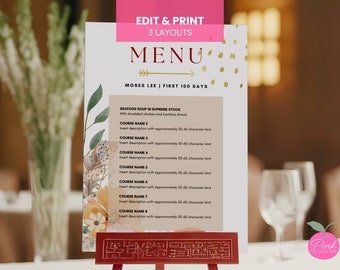 Editable Boho Menu Card | First 100 Days, Red Egg & Ginger, Full Month Baby Shower or Chinese Wedding Banquet | Printable Canva Template
