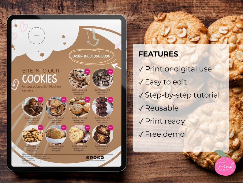 May include: A digital cookie menu on a tablet, showcasing different cookie varieties with prices. The menu reads "Bite into our Cookies" and "Order (000) 000-0000". Key features are listed, including print and digital use, and a step-by-step tutorial.