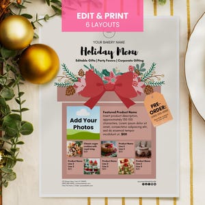 Pode incluir: Um modelo de menu de férias com um laço vermelho e decorações florais. O menu inclui espaço para fotos e descrições de produtos, com o texto "Holiday Menu" e "Pre-Order". Enfeites dourados e vegetação no fundo.