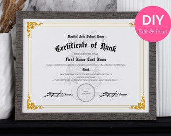 Editable Certificate of Rank Recognition | Dragon Martial Arts Award | Printable Canva Template