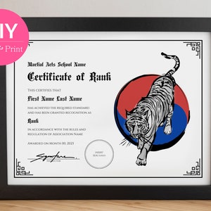Bearbeitbares Zertifikat der Ranganerkennung | Tiger Martial Arts Award mit Taegeuk | Druckbare Canva Vorlage