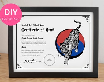 Editable Certificate of Rank Recognition | Tiger Martial Arts Award with Taegeuk | Printable Canva Template