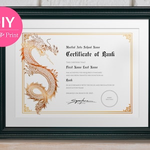 Bearbeitbares Zertifikat der Ranganerkennung | Faux Gold Dragon Martial Arts Preis | Druckbare Canva Vorlage