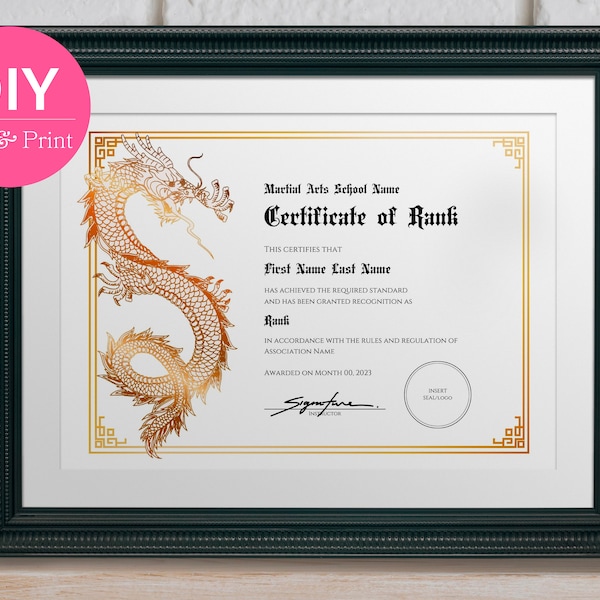 Certificat de reconnaissance de grade modifiable | Prix d'arts martiaux dragon faux or | Modèle de toile imprimable