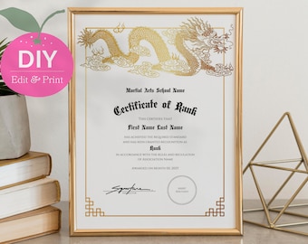 Editable Certificate of Rank Recognition | Gold Dragon Martial Arts Awards | Printable Canva Template