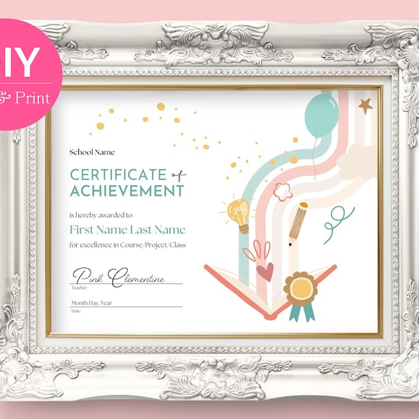 Editable Certificate of Achievement for Students | Kids Award for English, Literature, and Reading Class | Printable Digital Canva Template