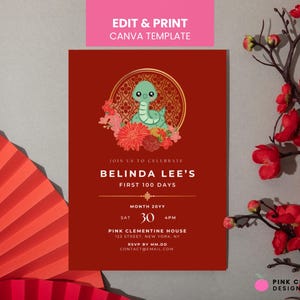 Editable Year of Snake Chinese Red Egg & Ginger Baby Shower Invite | First 100 Days, Full Month, Birthday Party | Printable Canva Template