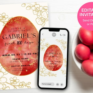Editable Red Egg and Ginger Baby Shower Invite | First 100 Days Celebration | Canva template for digital copy or print