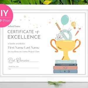 Editable Certificate of Excellence for Students | Class, Project, Subject Academic Recognition Award | Printable Digital Canva Template
