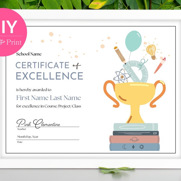 Editable Certificate of Excellence for Students | Class, Project, Subject Academic Recognition Award | Printable Digital Canva Template