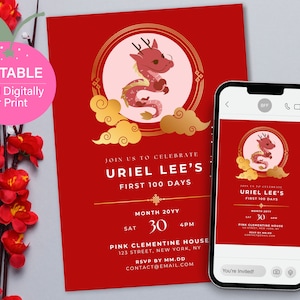 Editable Year of Dragon Chinese Red Egg & Ginger Baby Shower Invite | First 100 Days, Full Month, Birthday Party | Printable Canva Template