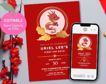Editable Year of Dragon Chinese Red Egg & Ginger Baby Shower Invite | First 100 Days, Full Month, Birthday Party | Printable Canva Template
