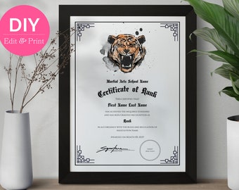 Editable Certificate of Rank Recognition | Tiger Martial Arts Award | Printable Canva Template