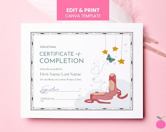 Editable Ballet Dance Certificate of Completion for School, Recital, Performance | Award for Girl, Ballerina | Printable Canva Template