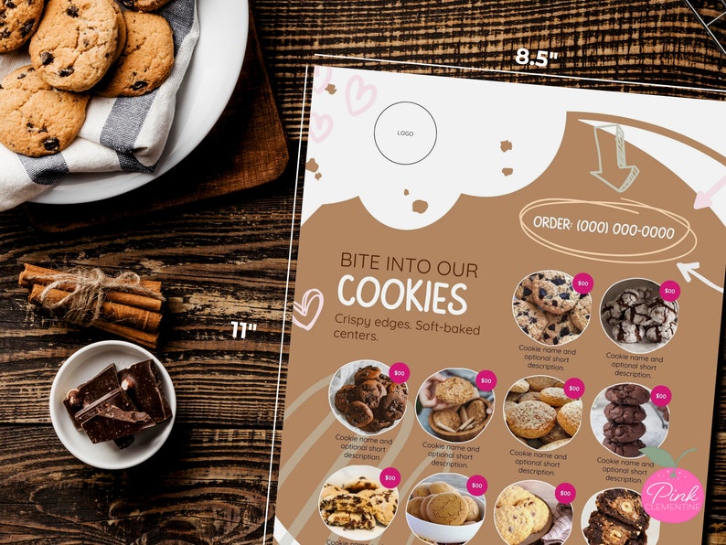 May include: A food photography image featuring cookies, chocolate chunks, and cinnamon sticks on a wooden surface. A menu with cookie options is displayed, with the text "Bite into our Cookies". The menu is 21.59 cm wide and 27.94 cm tall.