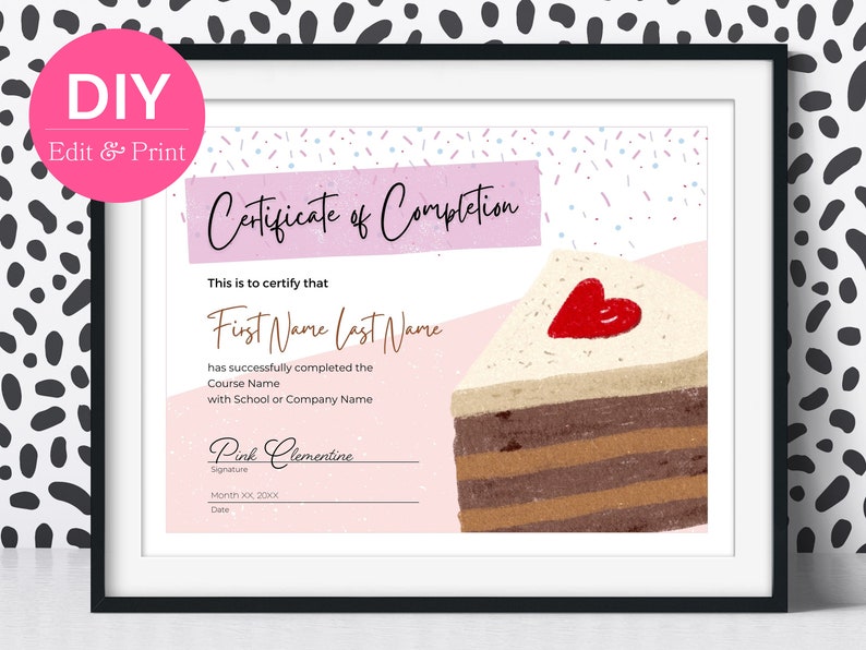 Editable Pastry School Course Certificate of Completion Award for
