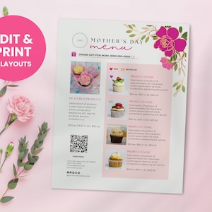Bearbeitbares Muttertagsbäckerei-Fotomenü für Gourmetkeks, Hochzeitstorte, Brownie, Cupcake, Macaron | Druckbare anpassbare Canva Vorlage