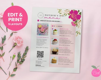 Editable Mother's Day Bakery Photo Menu for Gourmet Cookie, Wedding Cake, Brownie, Cupcake, Macaron | Printable Customizable Canva Template