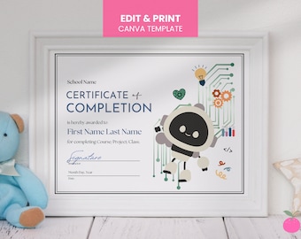 Editable STEM Certificate of Completion |  Science, Tech, Engineering, Math, Robotics, Coding Camp Award for Kids | Printable Canva Template