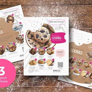 May include: Three cookie menu layout options with the text "Bite into our Cookies". Each layout features images of various cookies with descriptions. The layouts are on a wooden background with the text "3 Layout Options" in a pink circle.