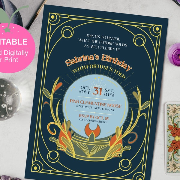 Editable Birthday and Halloween Invite | Fortune Telling, Crystal Ball, Tarot Card Reading | Canva Template for Digital or Print