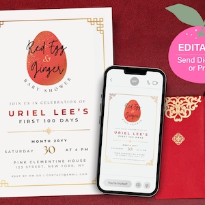 Editable Baby Shower Invite | First 100 Days | Red Egg & Ginger | Full Month | Canva template for digital copy or print