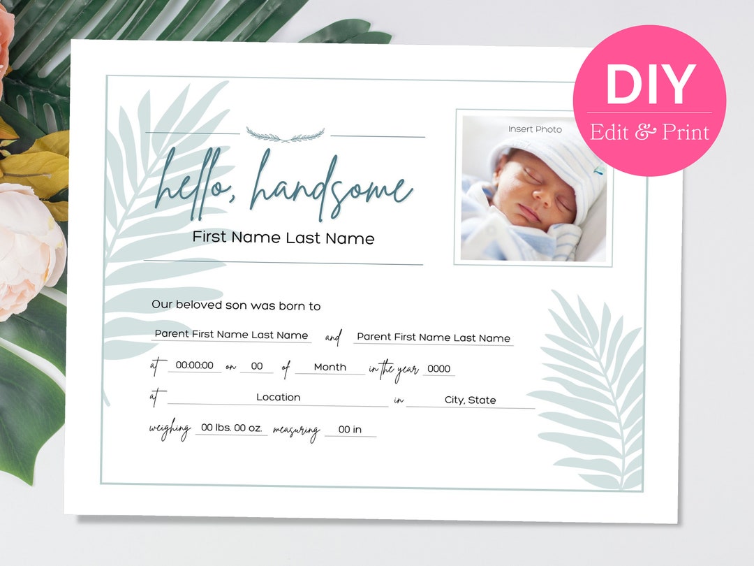 Editable Birth Certificate for Newborn Baby Boy and Son Customizable