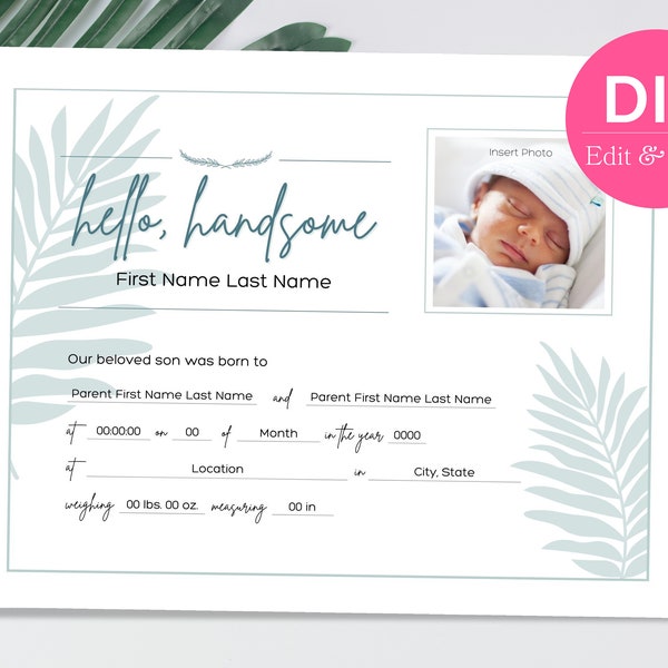 Editable Birth Certificate for Newborn Baby Boy and Son | Customizable Canva Printable Template