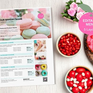 Menu photo modifiable de boulangerie et brochure pour biscuits gastronomiques, brownies, cupcakes, beignets, macarons, tartes | Modèle de toile personnalisable, imprimable