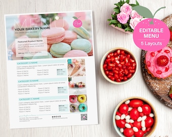 Editable Bakery Photo Menu & Flyer for Gourmet Cookie, Brownie, Cupcake, Donut, Macaron, Pie | Customizable Canva Template, Printable