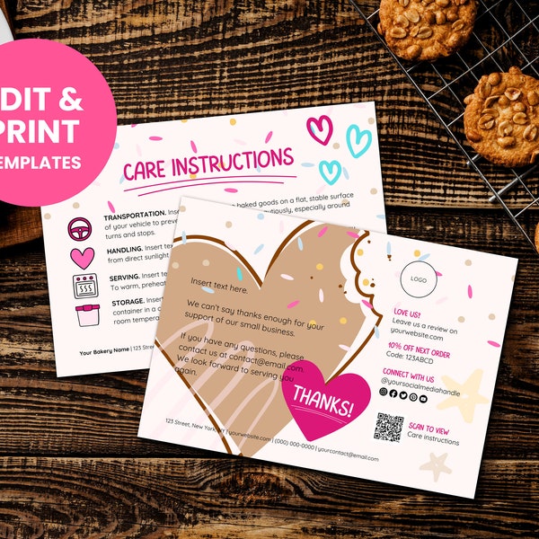 Editable Order Thank You Card & Care Instruction Insert for Cookies  | Printable Canva Template