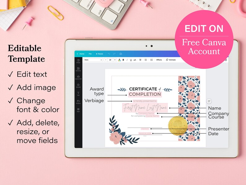 Editable Certificate of Completion Recognition Achievement - Etsy