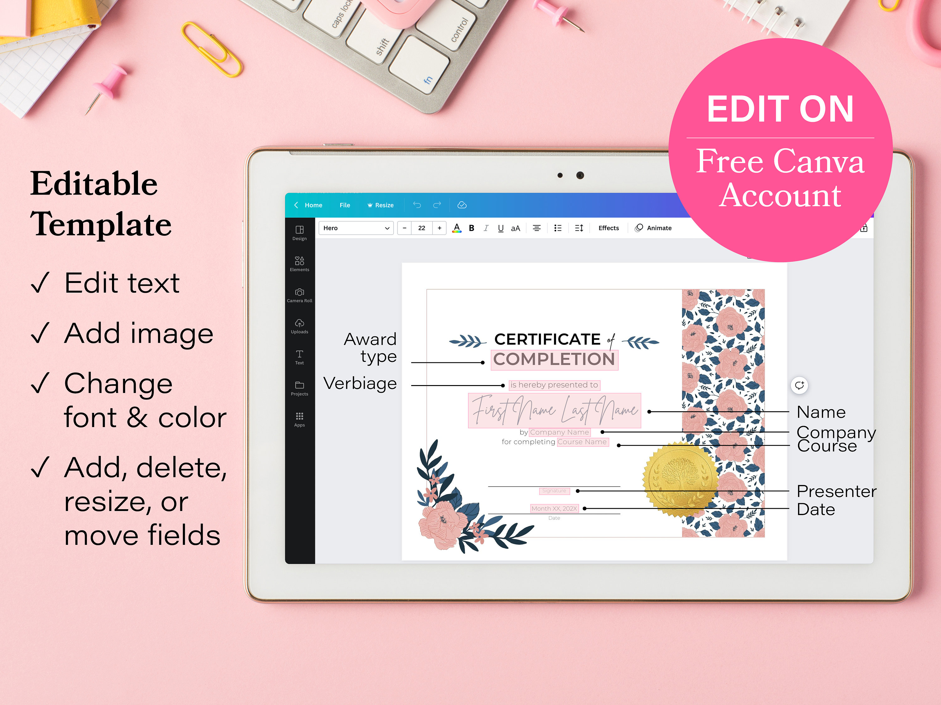 Editable Certificate of Completion Recognition Achievement Excellence ...