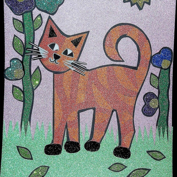 Cat In The Yard  Craft Kit, Kids or Adult Paper Craft, Easter Art, Spring Art, Cut And Color Art, Coloring Sheet, Home Art, Instant PDF