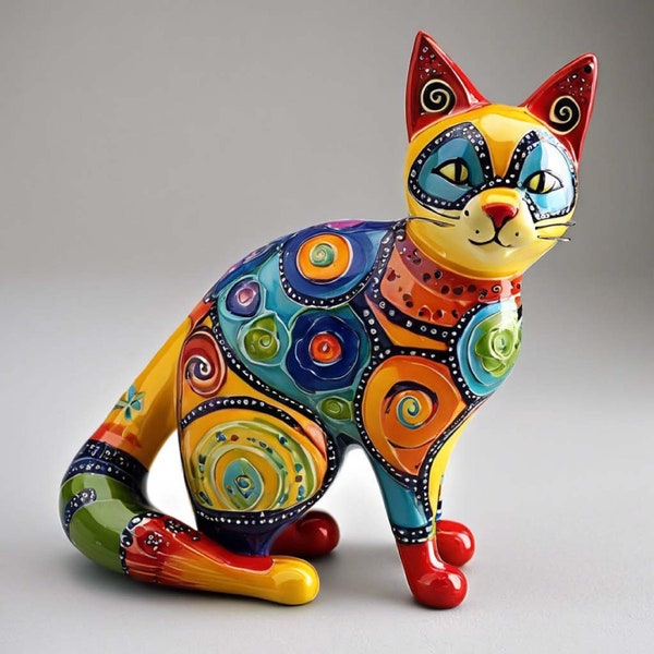 Cat Talavera Mexican Clay Pottery, Whimsical Cat Download, Digital Dog Mexican Wall Art, Cat Mexican Wall Decor, Whimsical Dog Download