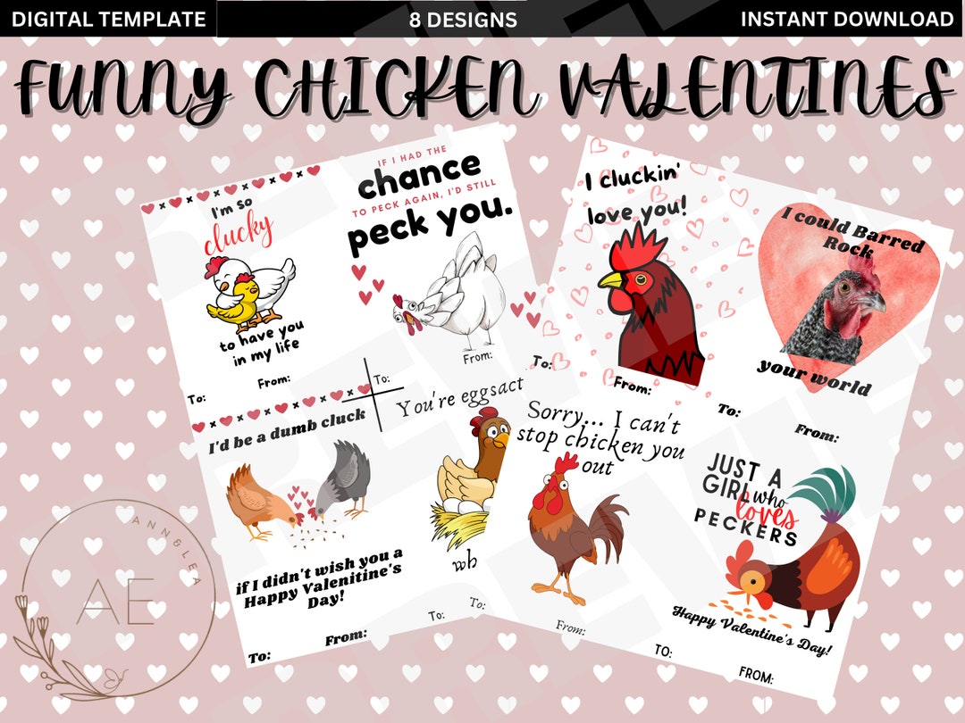 Printable Chicken Valentine's Day Cards, Valentine's Cards for Adults, Valentine's Day Cards